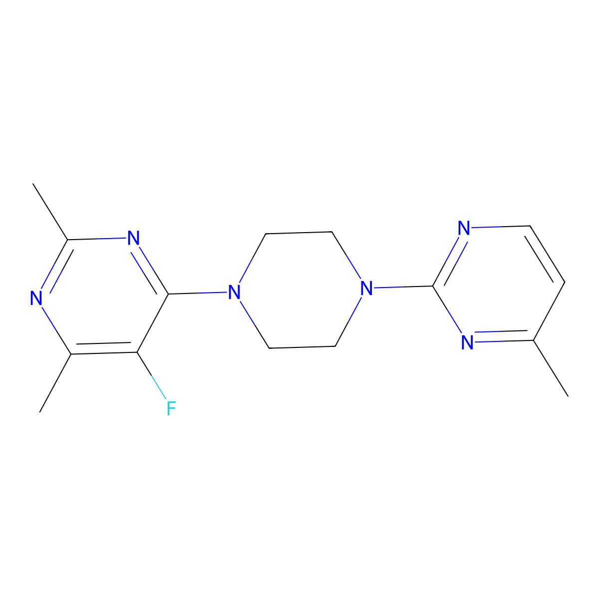 5-Fluoro-2,4-dimethyl-6-[4-(4-methylpyrimidin-2-yl)piperazin-1-yl]pyrimidine molecular structure, CAS 2640903-14-4