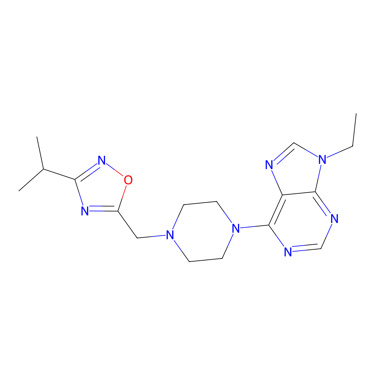9-ethyl-6-(4-{[3-(propan-2-yl)-1,2,4-oxadiazol-5-yl]methyl}piperazin-1-yl)-9H-purine molecular structure, CAS 2640903-19-9