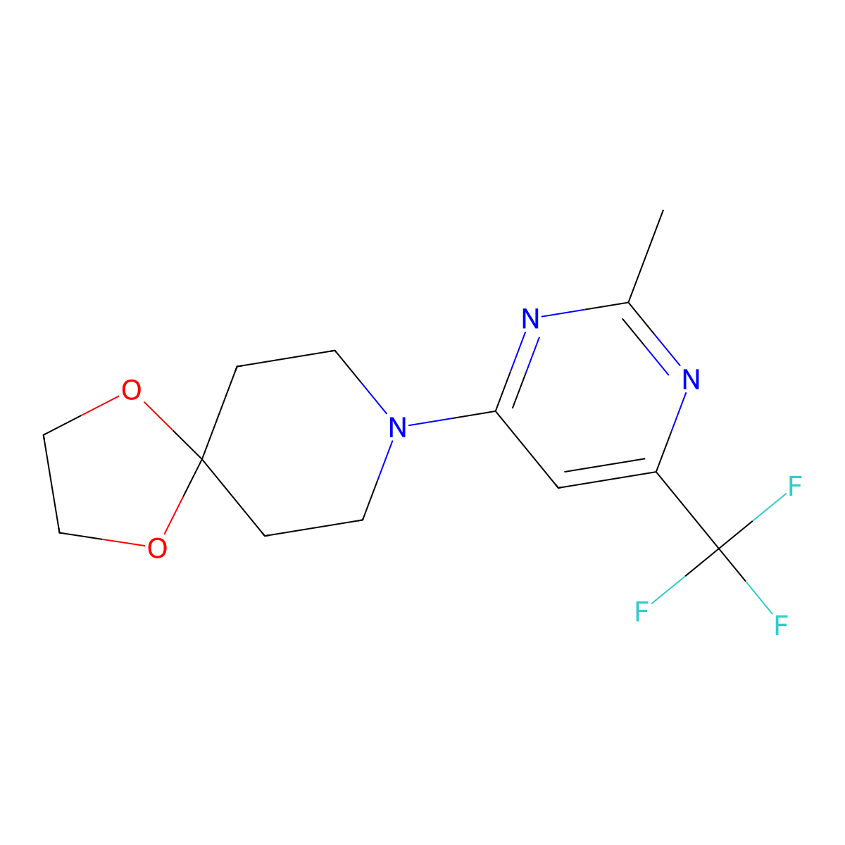 8-[2-Methyl-6-(trifluoromethyl)pyrimidin-4-yl]-1,4-dioxa-8-azaspiro[4.5]decane molecular structure, CAS 2640903-20-2