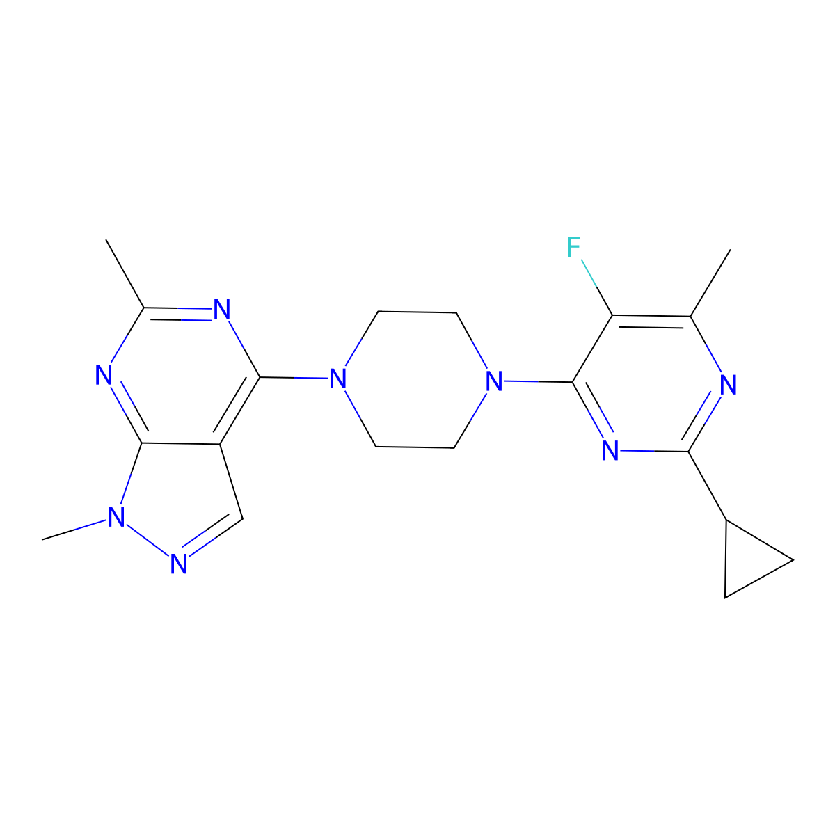 2-cyclopropyl-4-(4-{1,6-dimethyl-1H-pyrazolo[3,4-d]pyrimidin-4-yl}piperazin-1-yl)-5-fluoro-6-methylpyrimidine molecular structure, CAS 2640903-21-3