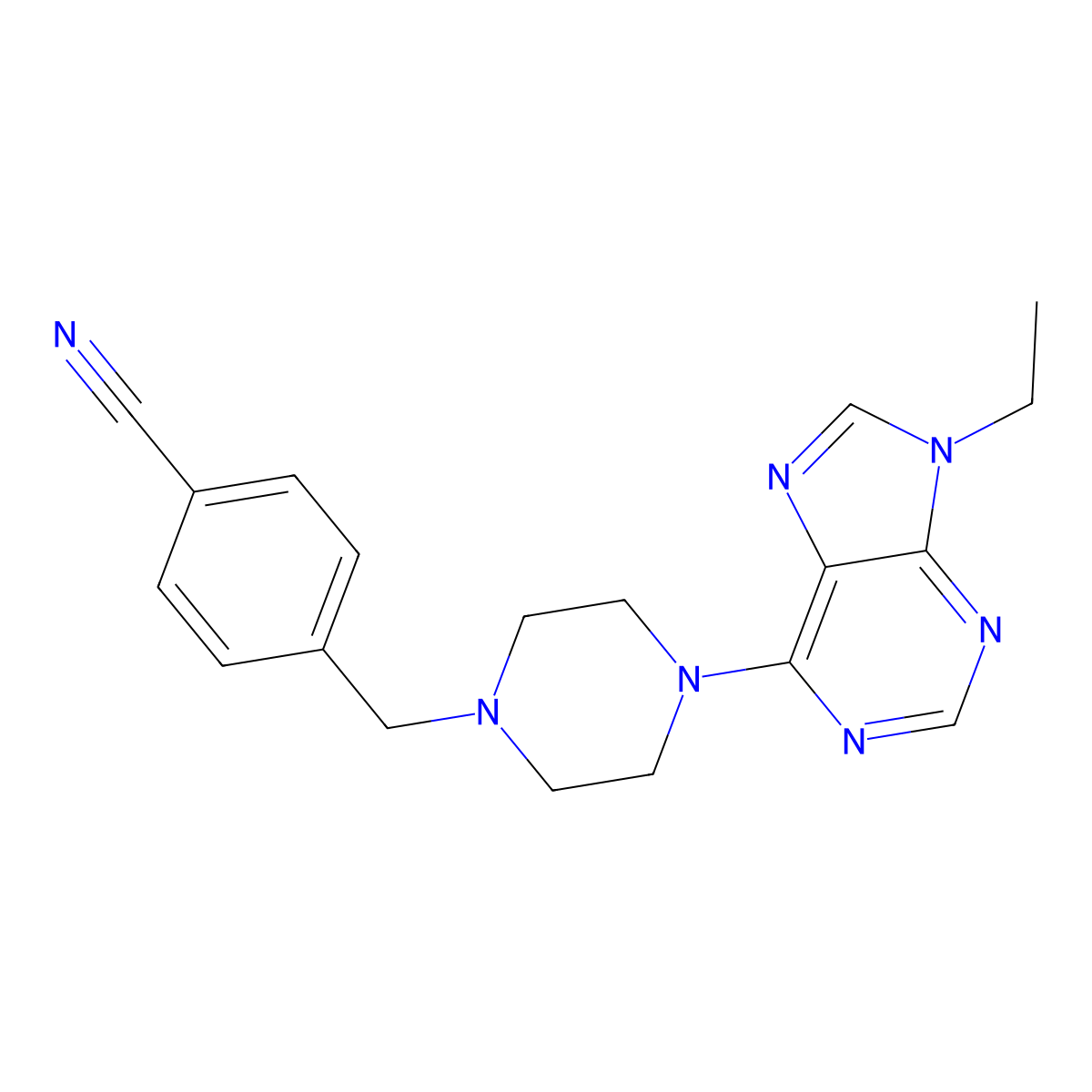 4-{[4-(9-ethyl-9H-purin-6-yl)piperazin-1-yl]methyl}benzonitrile molecular structure, CAS 2640903-23-5