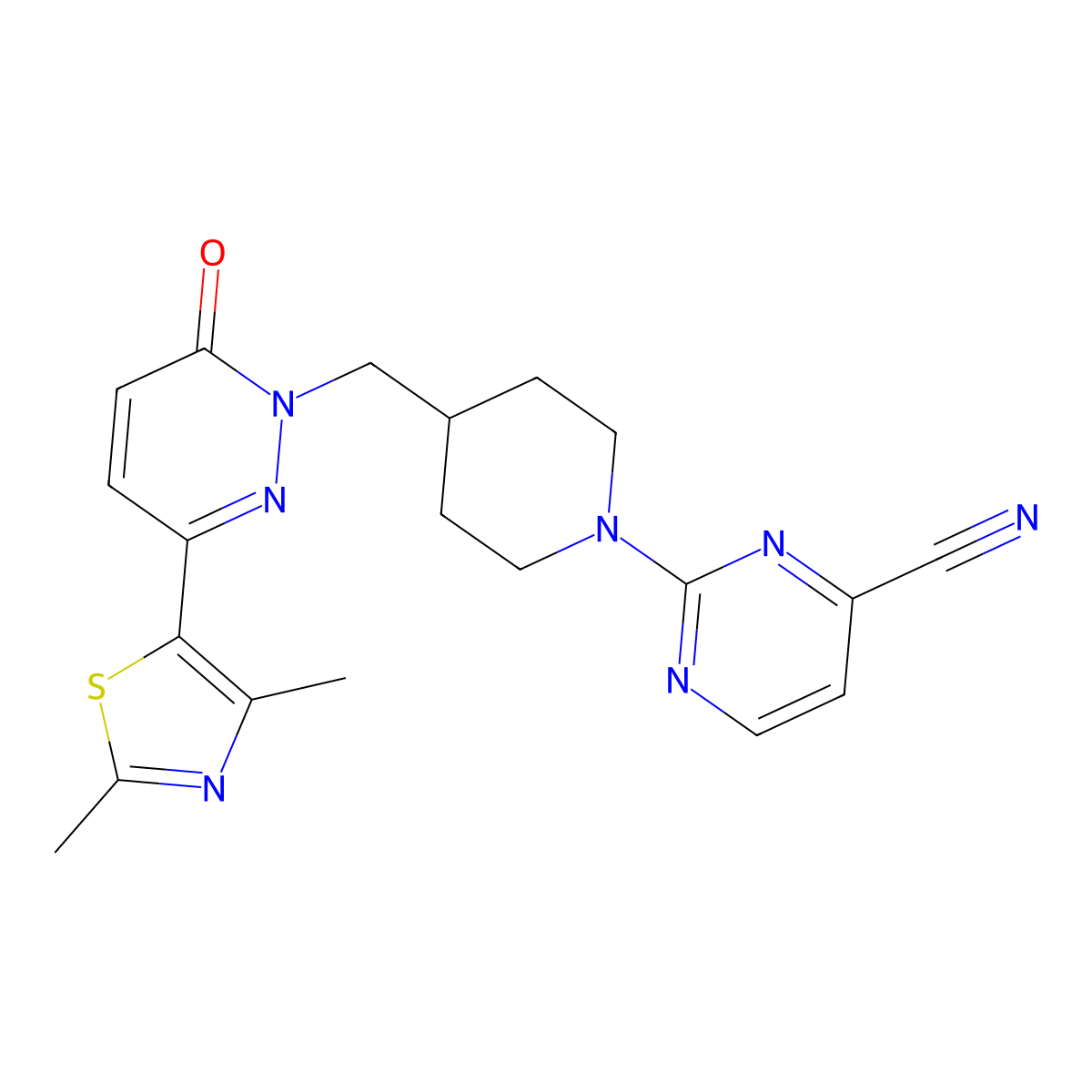 2-(4-{[3-(2,4-Dimethyl-1,3-thiazol-5-yl)-6-oxo-1,6-dihydropyridazin-1-yl]methyl}piperidin-1-yl)pyrimidine-4-carbonitrile molecular structure, CAS 2640903-25-7