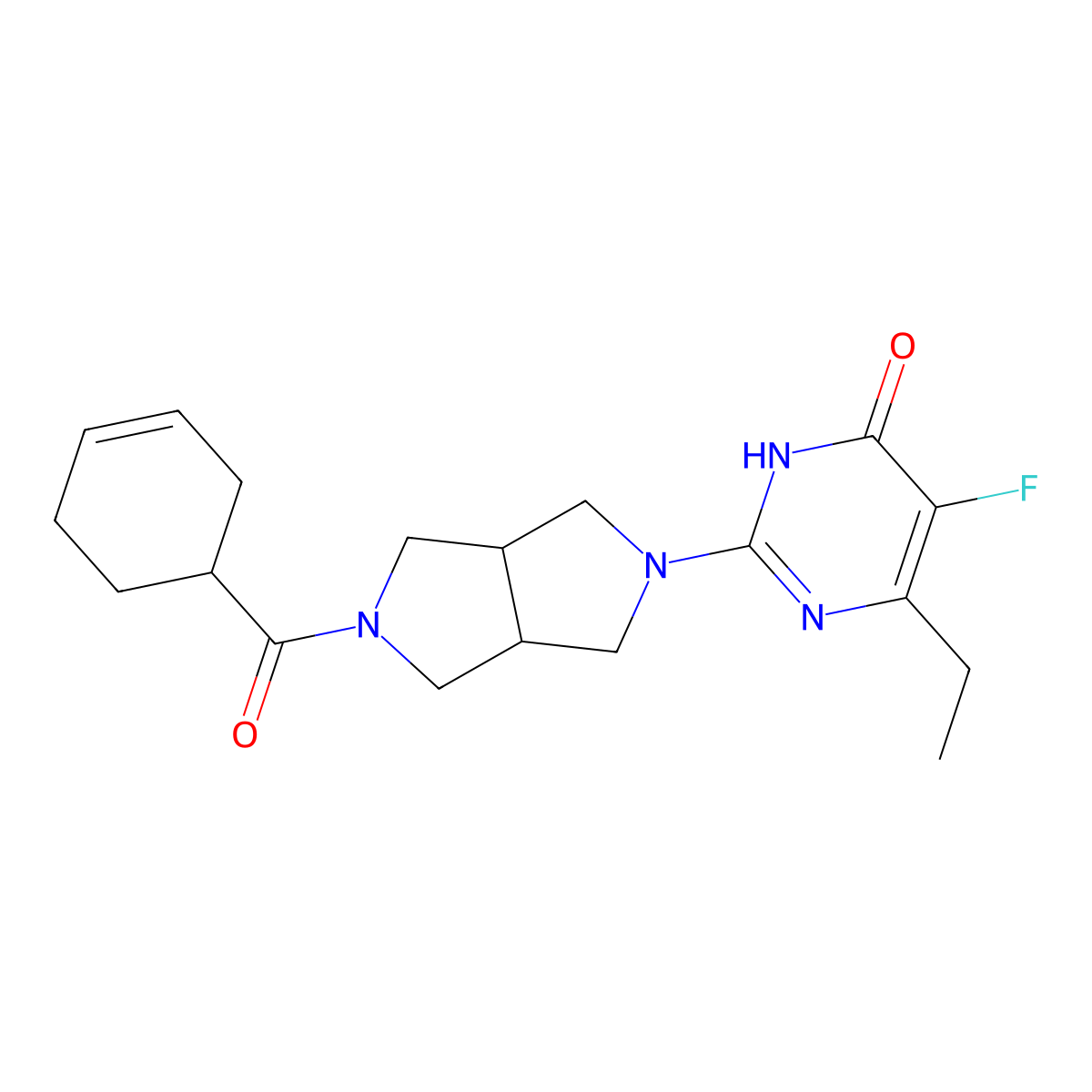 2-[5-(Cyclohex-3-ene-1-carbonyl)-octahydropyrrolo[3,4-c]pyrrol-2-yl]-6-ethyl-5-fluoro-3,4-dihydropyrimidin-4-one molecular structure, CAS 2640903-26-8