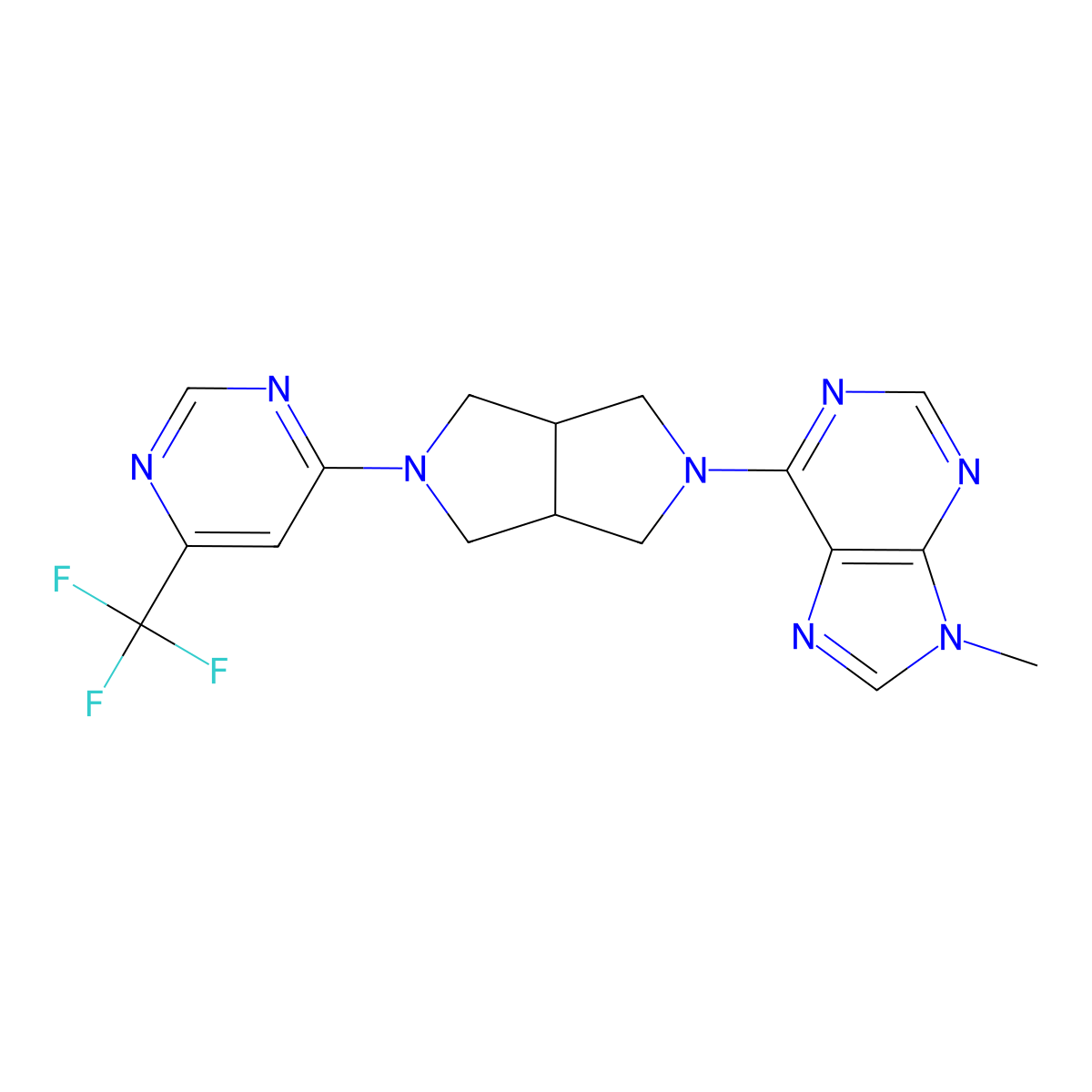 9-methyl-6-{5-[6-(trifluoromethyl)pyrimidin-4-yl]-octahydropyrrolo[3,4-c]pyrrol-2-yl}-9H-purine molecular structure, CAS 2640903-29-1