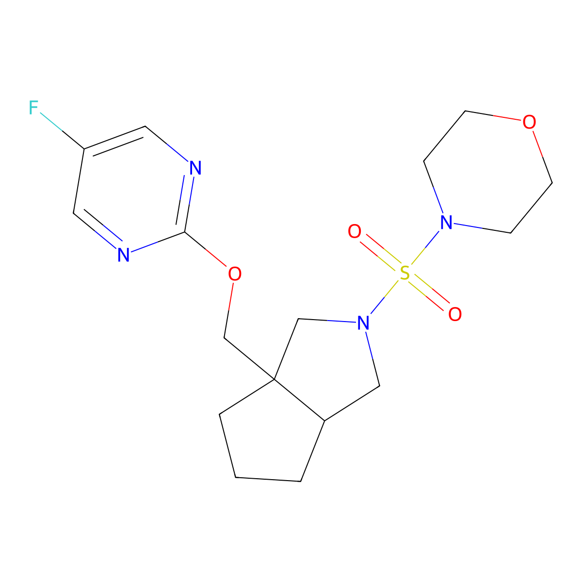 4-[(3a-{[(5-Fluoropyrimidin-2-yl)oxy]methyl}-octahydrocyclopenta[c]pyrrol-2-yl)sulfonyl]morpholine molecular structure, CAS 2640903-34-8