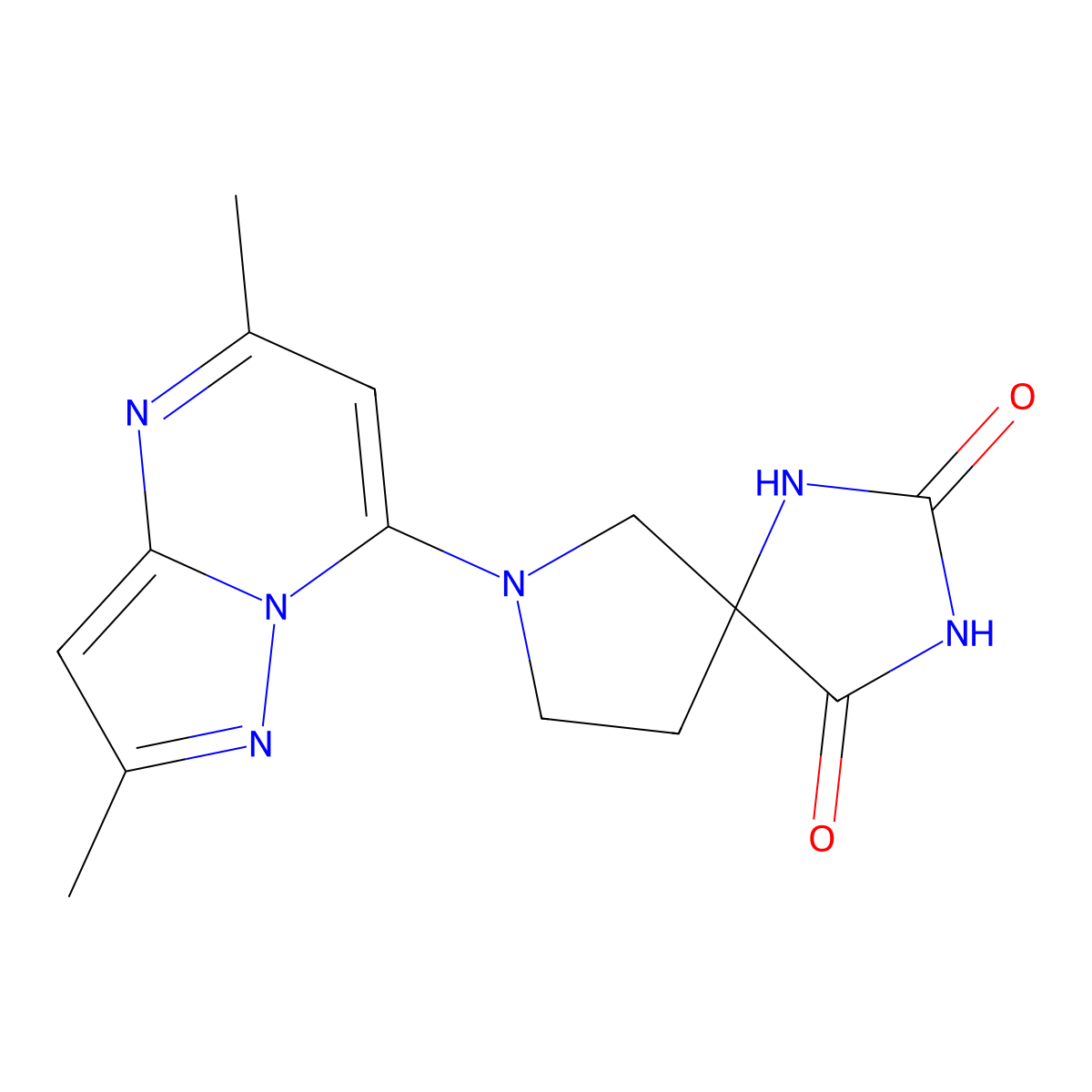 7-{2,5-Dimethylpyrazolo[1,5-a]pyrimidin-7-yl}-1,3,7-triazaspiro[4.4]nonane-2,4-dione molecular structure, CAS 2640903-35-9