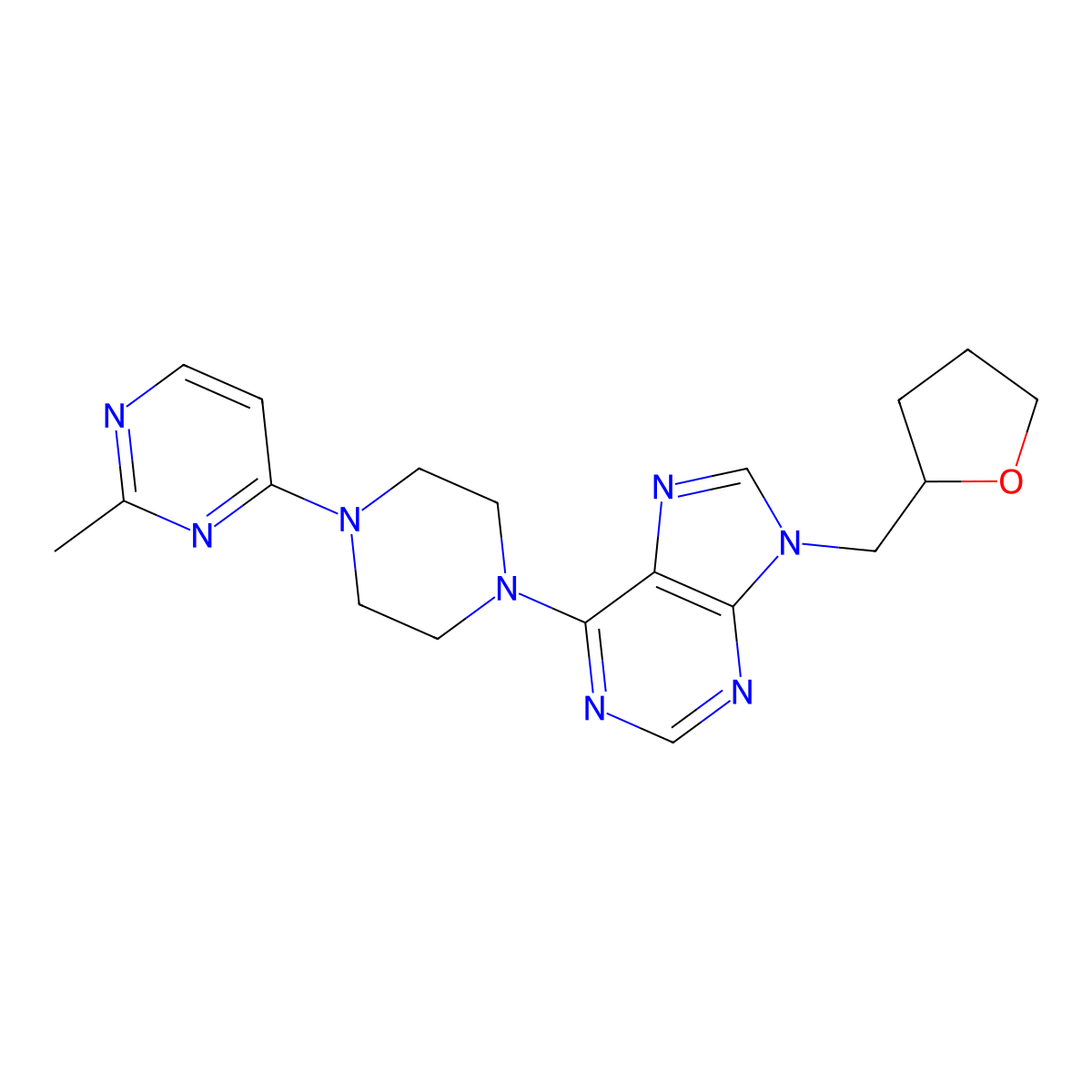 6-[4-(2-methylpyrimidin-4-yl)piperazin-1-yl]-9-[(oxolan-2-yl)methyl]-9H-purine molecular structure, CAS 2640903-38-2