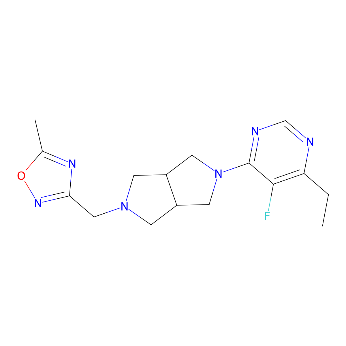 4-Ethyl-5-fluoro-6-{5-[(5-methyl-1,2,4-oxadiazol-3-yl)methyl]-octahydropyrrolo[3,4-c]pyrrol-2-yl}pyrimidine molecular structure, CAS 2640903-43-9