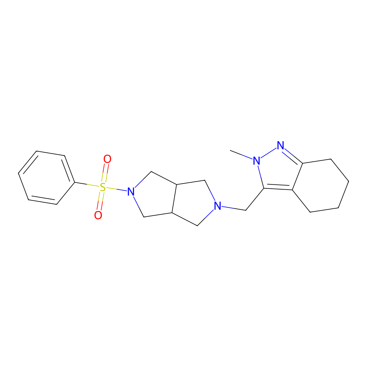3-{[5-(benzenesulfonyl)-octahydropyrrolo[3,4-c]pyrrol-2-yl]methyl}-2-methyl-4,5,6,7-tetrahydro-2H-indazole molecular structure, CAS 2640903-44-0