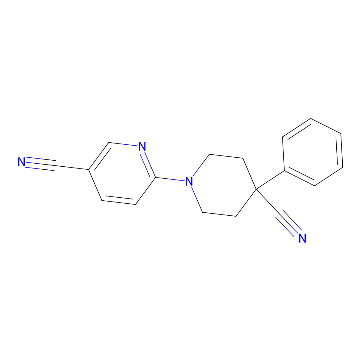 6-(4-Cyano-4-phenylpiperidin-1-yl)pyridine-3-carbonitrile molecular structure, CAS 2640903-46-2