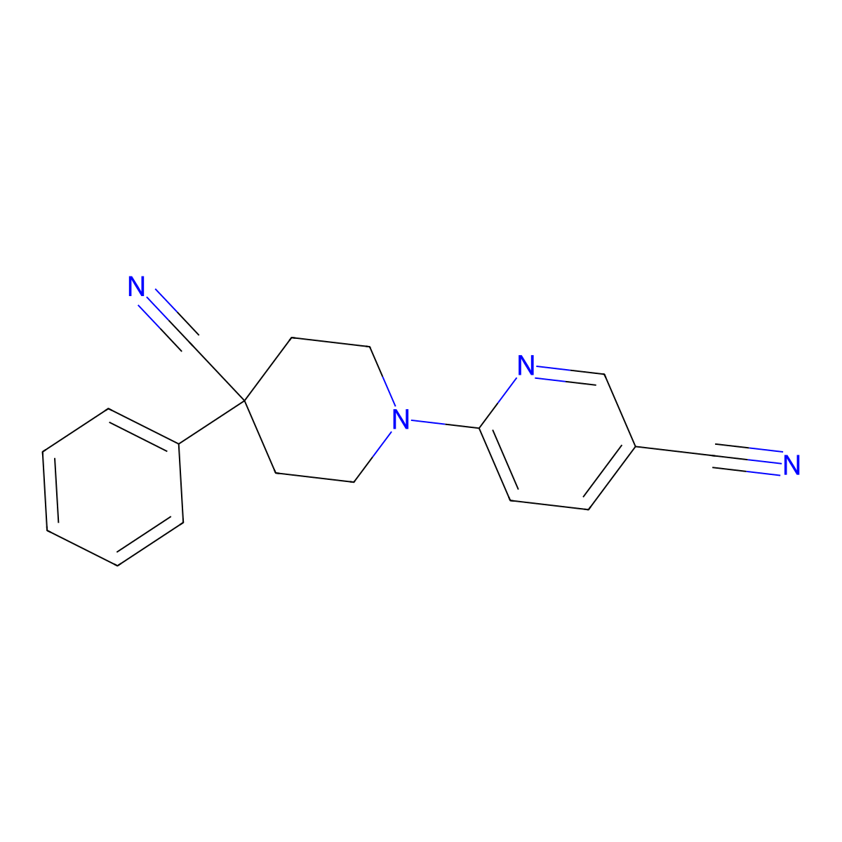 6-(4-Cyano-4-phenylpiperidin-1-yl)pyridine-3-carbonitrile molecular structure, CAS 2640903-46-2