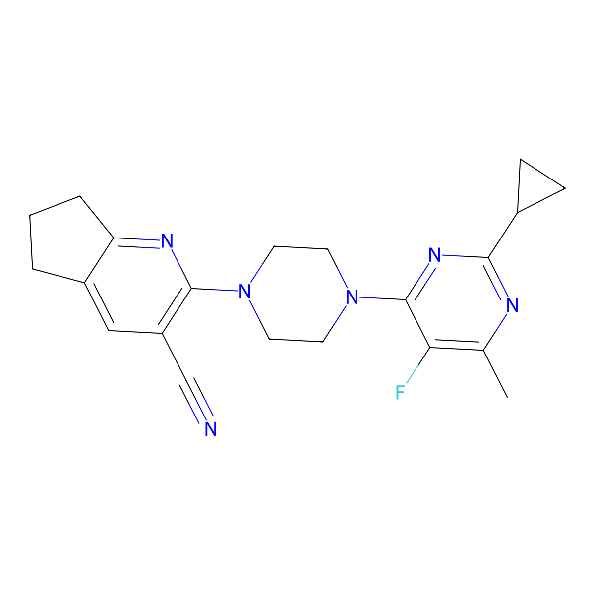 2-[4-(2-cyclopropyl-5-fluoro-6-methylpyrimidin-4-yl)piperazin-1-yl]-5H,6H,7H-cyclopenta[b]pyridine-3-carbonitrile molecular structure, CAS 2640903-47-3