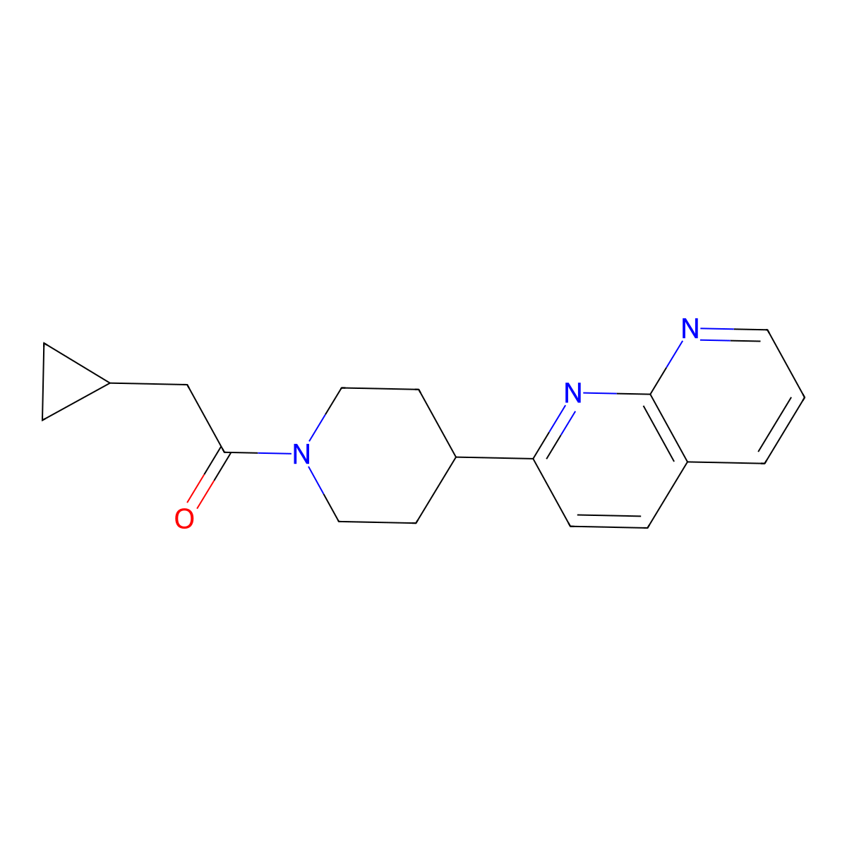2-Cyclopropyl-1-[4-(1,8-naphthyridin-2-yl)piperidin-1-yl]ethan-1-one molecular structure, CAS 2640903-51-9