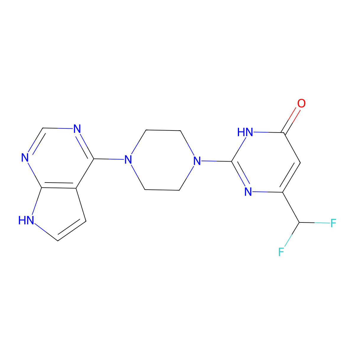 6-(difluoromethyl)-2-(4-{7H-pyrrolo[2,3-d]pyrimidin-4-yl}piperazin-1-yl)-3,4-dihydropyrimidin-4-one molecular structure, CAS 2640903-53-1