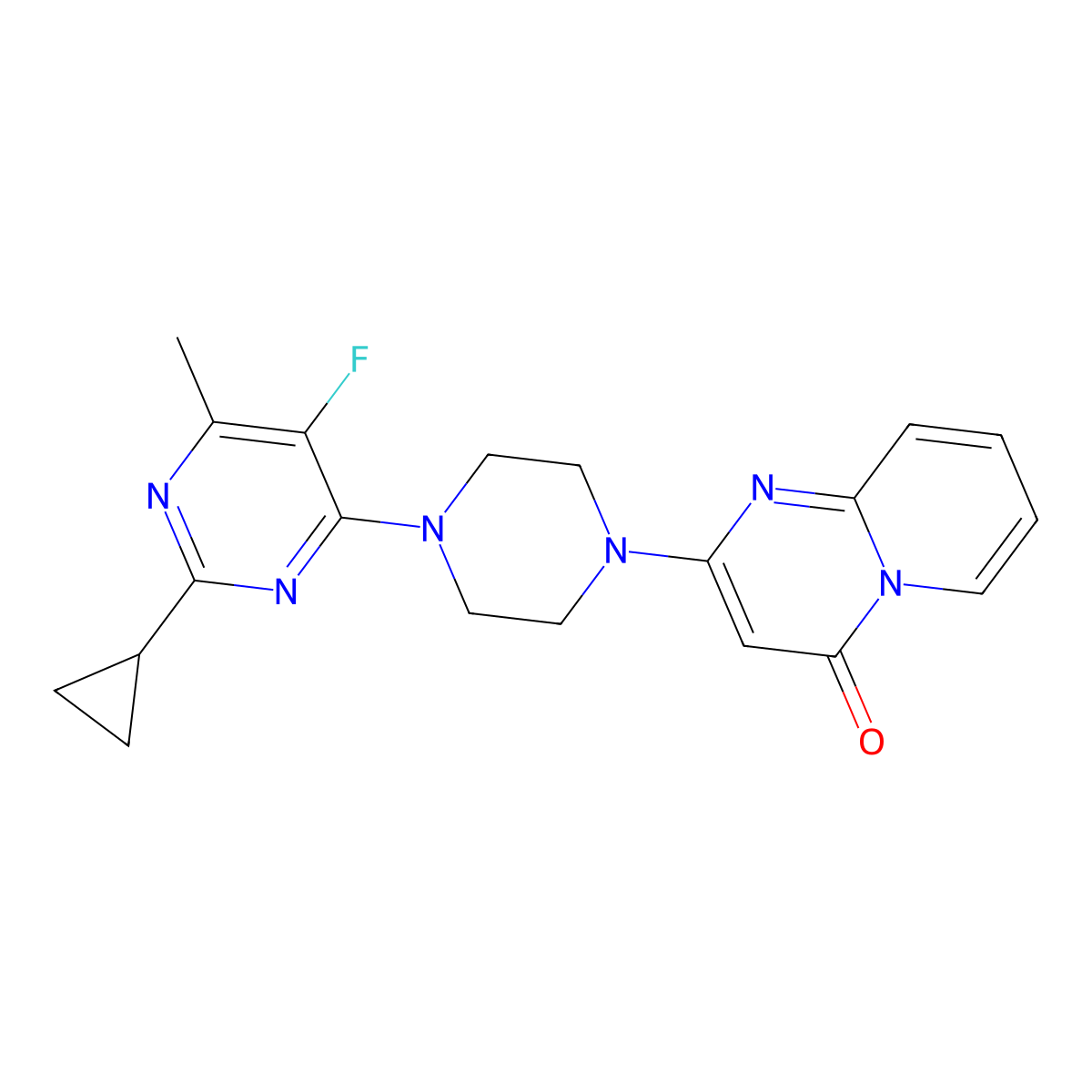 2-[4-(2-cyclopropyl-5-fluoro-6-methylpyrimidin-4-yl)piperazin-1-yl]-4H-pyrido[1,2-a]pyrimidin-4-one molecular structure, CAS 2640903-54-2