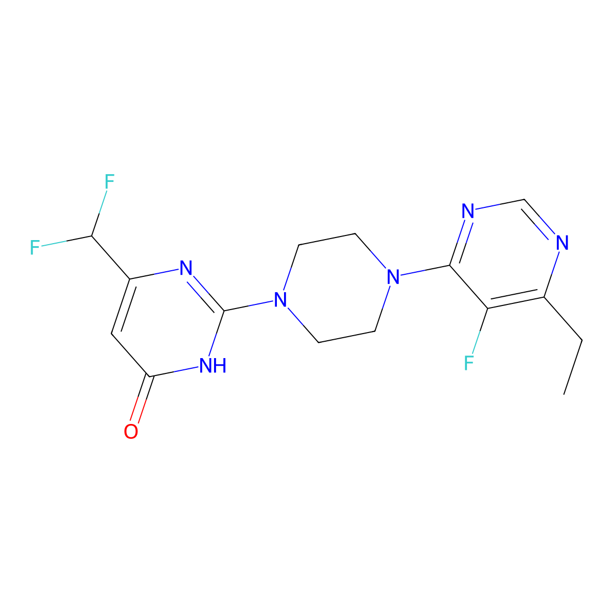 6-(Difluoromethyl)-2-[4-(6-ethyl-5-fluoropyrimidin-4-yl)piperazin-1-yl]-3,4-dihydropyrimidin-4-one molecular structure, CAS 2640903-56-4