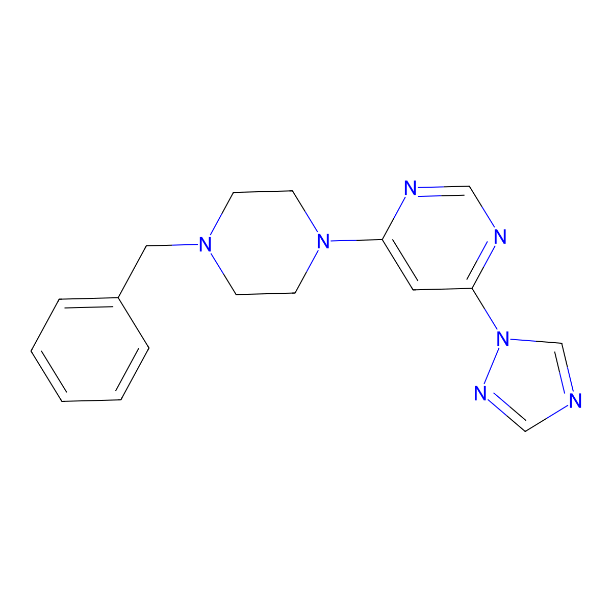 4-(4-benzylpiperazin-1-yl)-6-(1H-1,2,4-triazol-1-yl)pyrimidine molecular structure, CAS 2640903-57-5
