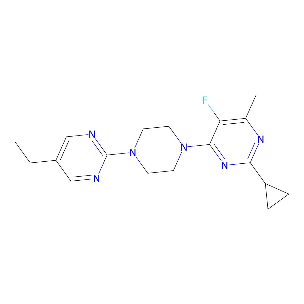2-Cyclopropyl-4-[4-(5-ethylpyrimidin-2-yl)piperazin-1-yl]-5-fluoro-6-methylpyrimidine molecular structure, CAS 2640903-58-6