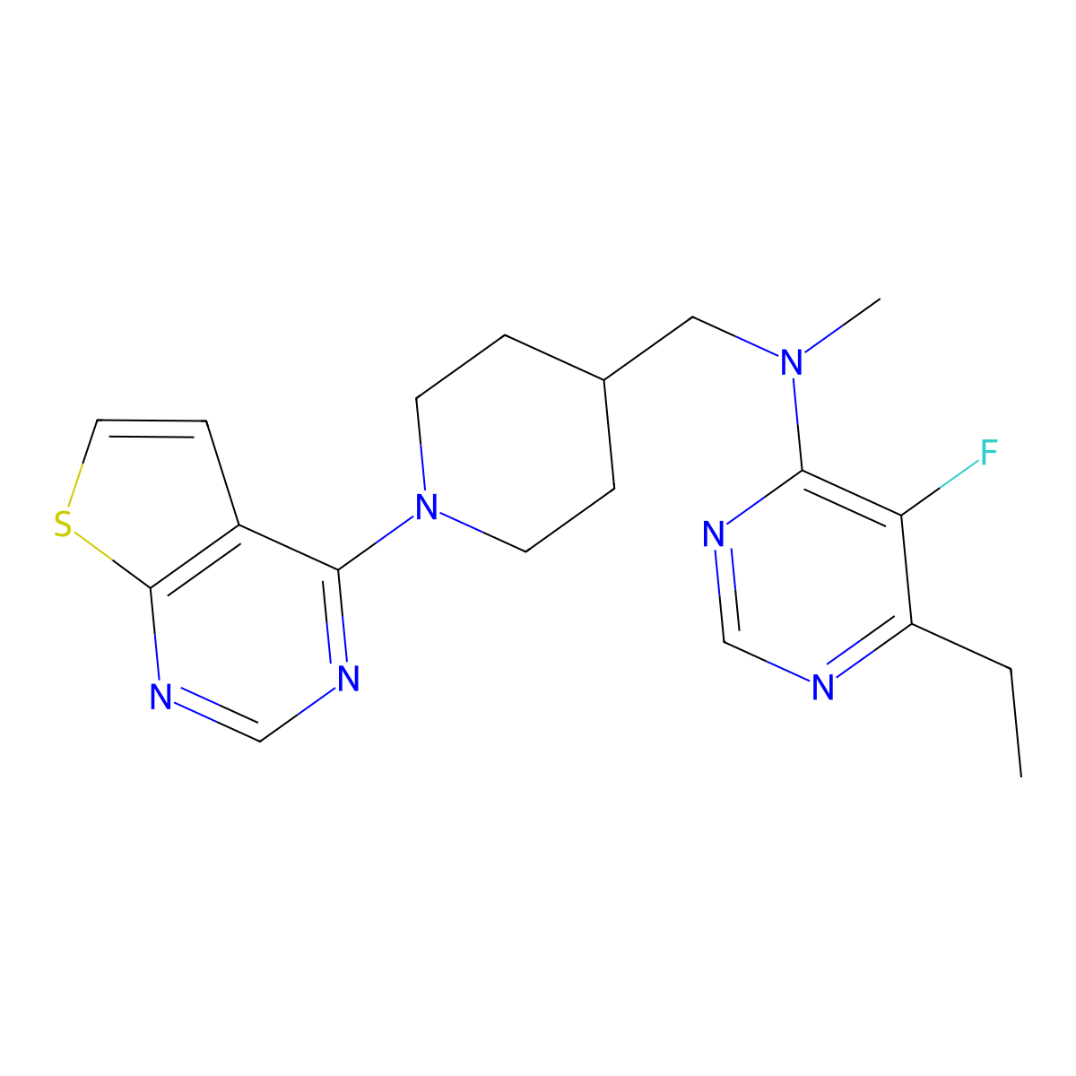 6-ethyl-5-fluoro-N-methyl-N-[(1-{thieno[2,3-d]pyrimidin-4-yl}piperidin-4-yl)methyl]pyrimidin-4-amine molecular structure, CAS 2640903-59-7