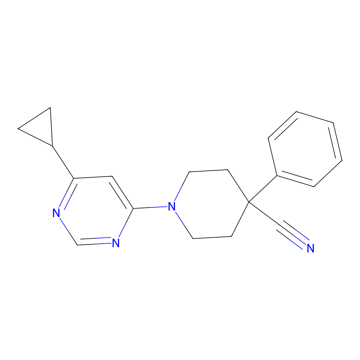 1-(6-Cyclopropylpyrimidin-4-yl)-4-phenylpiperidine-4-carbonitrile molecular structure, CAS 2640903-61-1