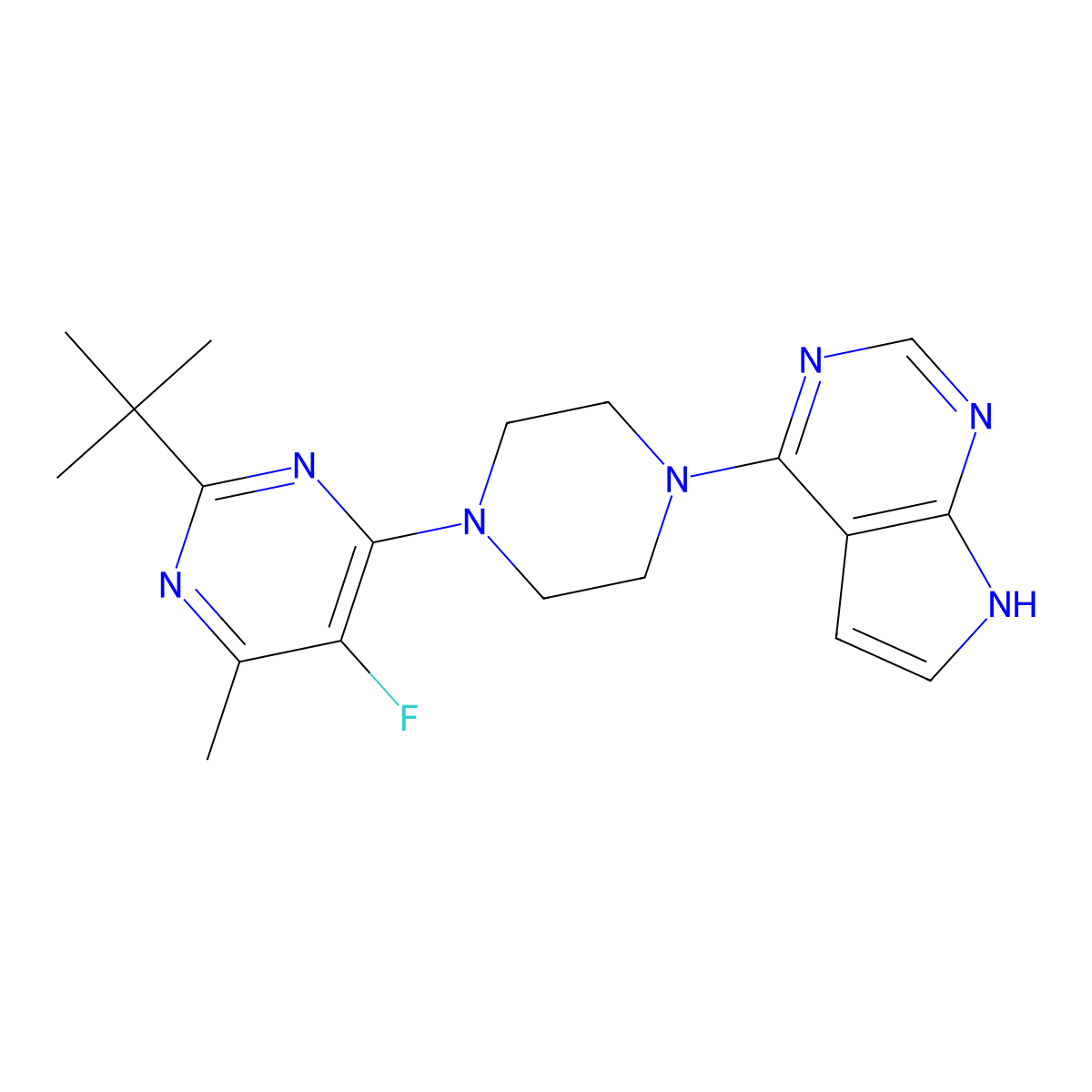 2-tert-butyl-5-fluoro-4-methyl-6-(4-{7H-pyrrolo[2,3-d]pyrimidin-4-yl}piperazin-1-yl)pyrimidine molecular structure, CAS 2640903-62-2