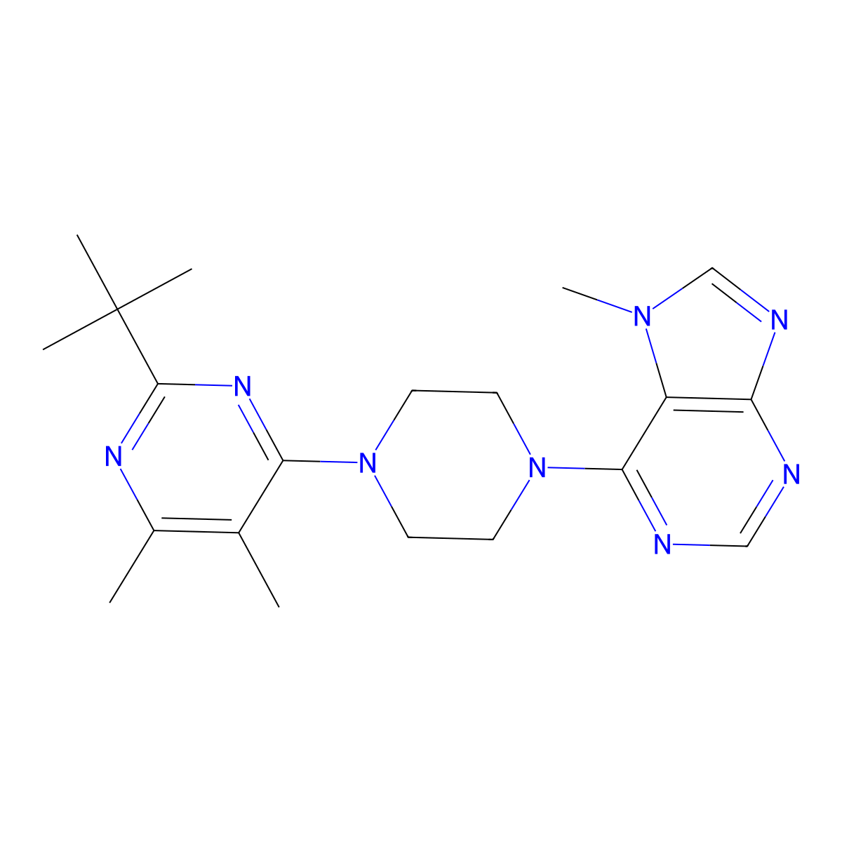 6-[4-(2-tert-butyl-5,6-dimethylpyrimidin-4-yl)piperazin-1-yl]-7-methyl-7H-purine molecular structure, CAS 2640903-64-4