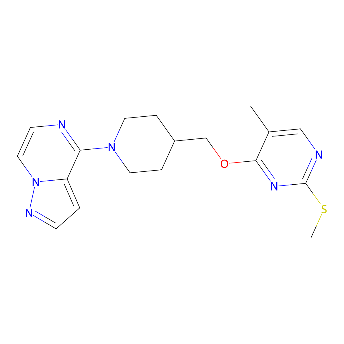 5-Methyl-2-(methylsulfanyl)-4-[(1-{pyrazolo[1,5-a]pyrazin-4-yl}piperidin-4-yl)methoxy]pyrimidine molecular structure, CAS 2640903-65-5