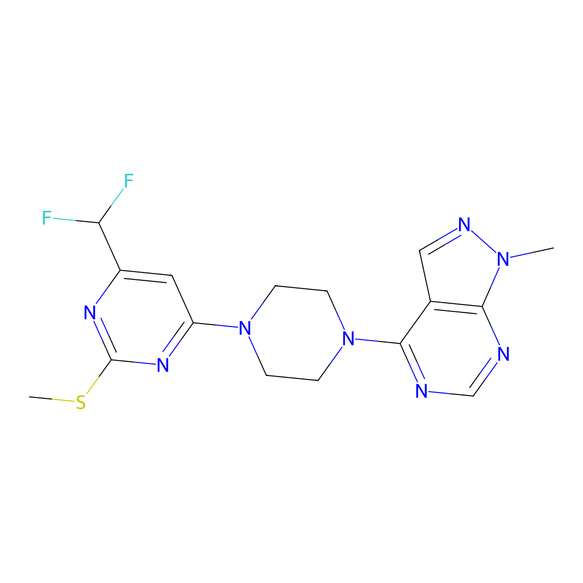 4-(difluoromethyl)-6-(4-{1-methyl-1H-pyrazolo[3,4-d]pyrimidin-4-yl}piperazin-1-yl)-2-(methylsulfanyl)pyrimidine molecular structure, CAS 2640903-67-7