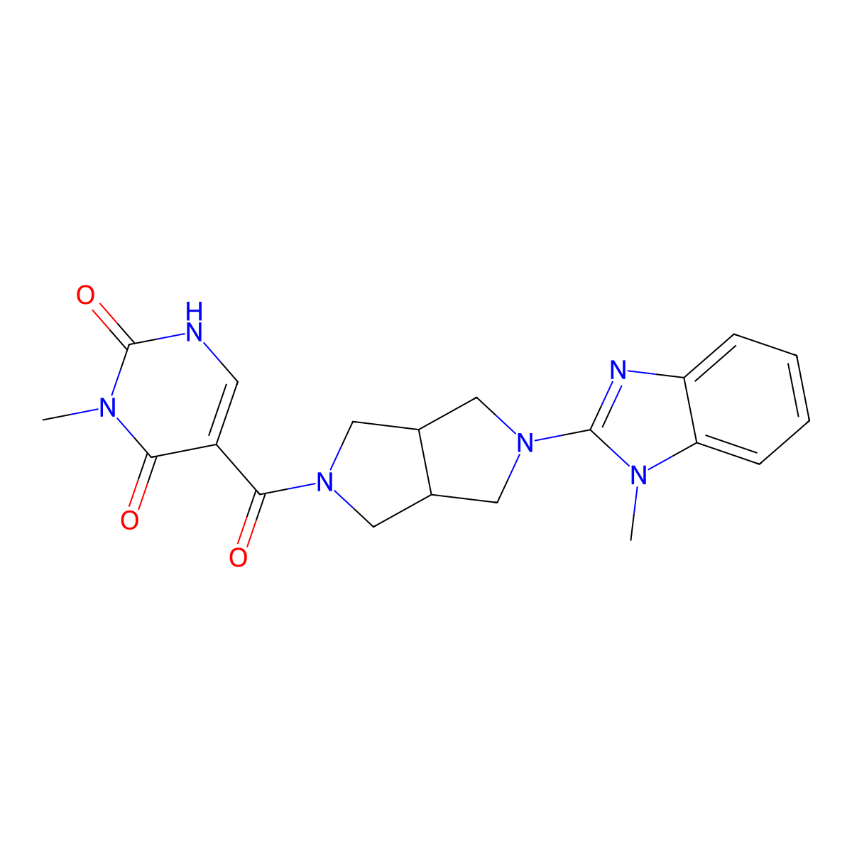 3-methyl-5-[5-(1-methyl-1H-1,3-benzodiazol-2-yl)-octahydropyrrolo[3,4-c]pyrrole-2-carbonyl]-1,2,3,4-tetrahydropyrimidine-2,4-dione molecular structure, CAS 2640903-68-8
