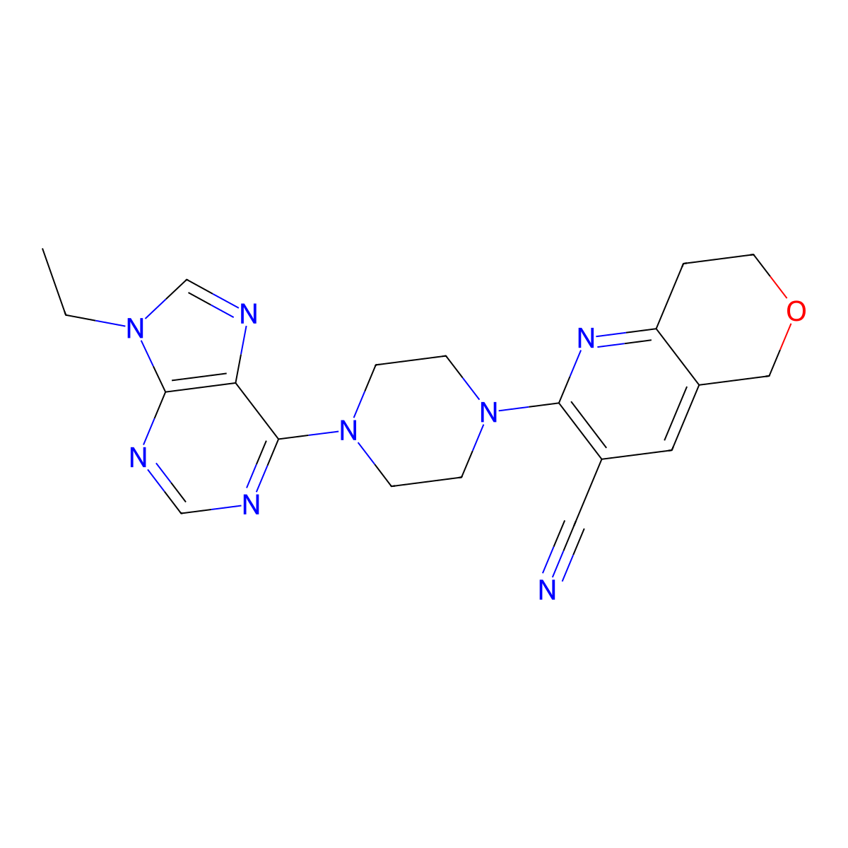 2-[4-(9-ethyl-9H-purin-6-yl)piperazin-1-yl]-5H,7H,8H-pyrano[4,3-b]pyridine-3-carbonitrile molecular structure, CAS 2640903-72-4
