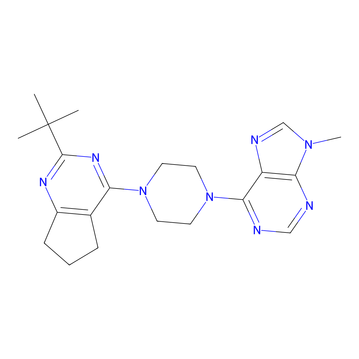 6-(4-{2-tert-butyl-5H,6H,7H-cyclopenta[d]pyrimidin-4-yl}piperazin-1-yl)-9-methyl-9H-purine molecular structure, CAS 2640903-74-6