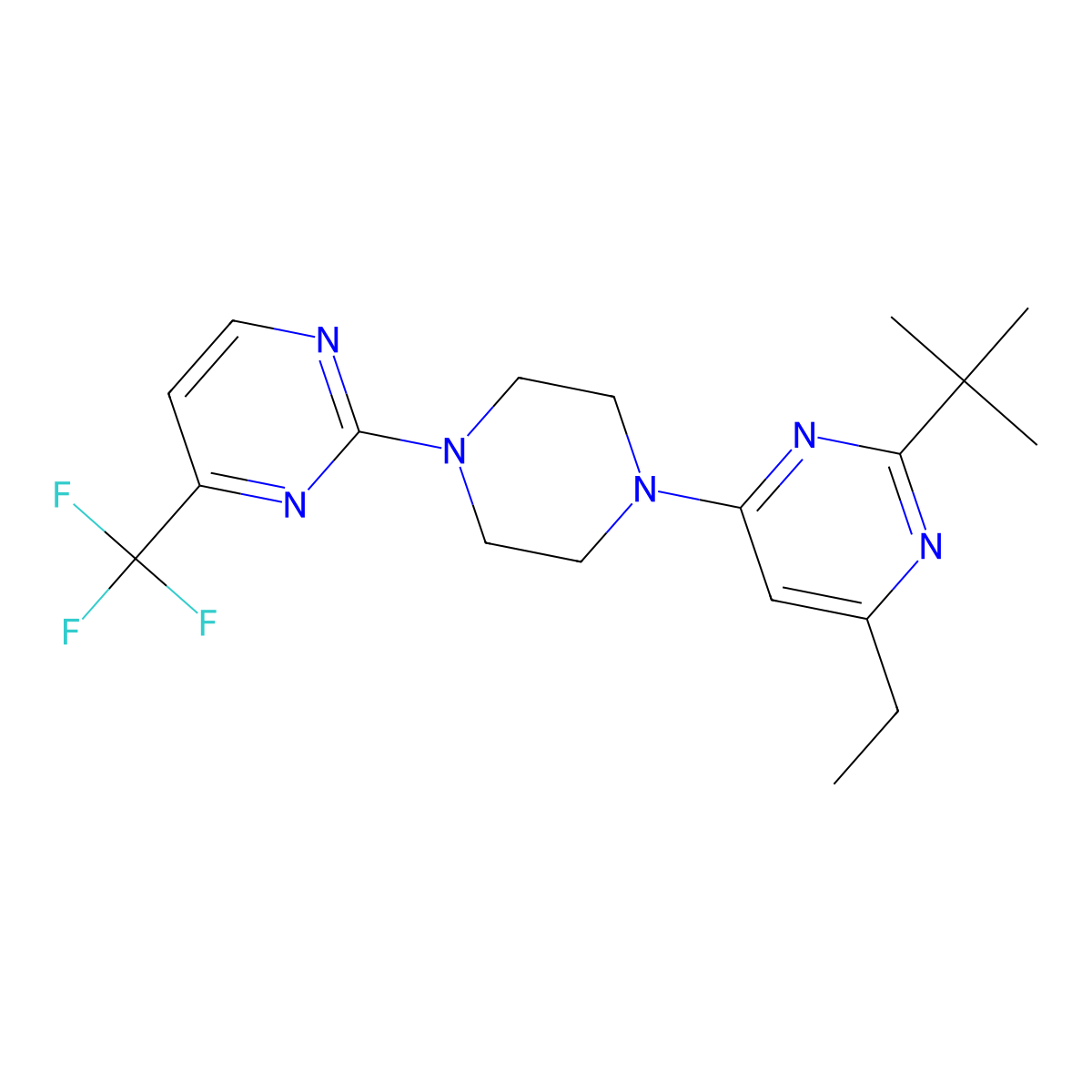 2-Tert-butyl-4-ethyl-6-{4-[4-(trifluoromethyl)pyrimidin-2-yl]piperazin-1-yl}pyrimidine molecular structure, CAS 2640903-83-7