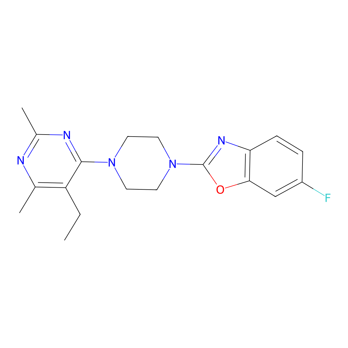2-[4-(5-Ethyl-2,6-dimethylpyrimidin-4-yl)piperazin-1-yl]-6-fluoro-1,3-benzoxazole molecular structure, CAS 2640903-85-9