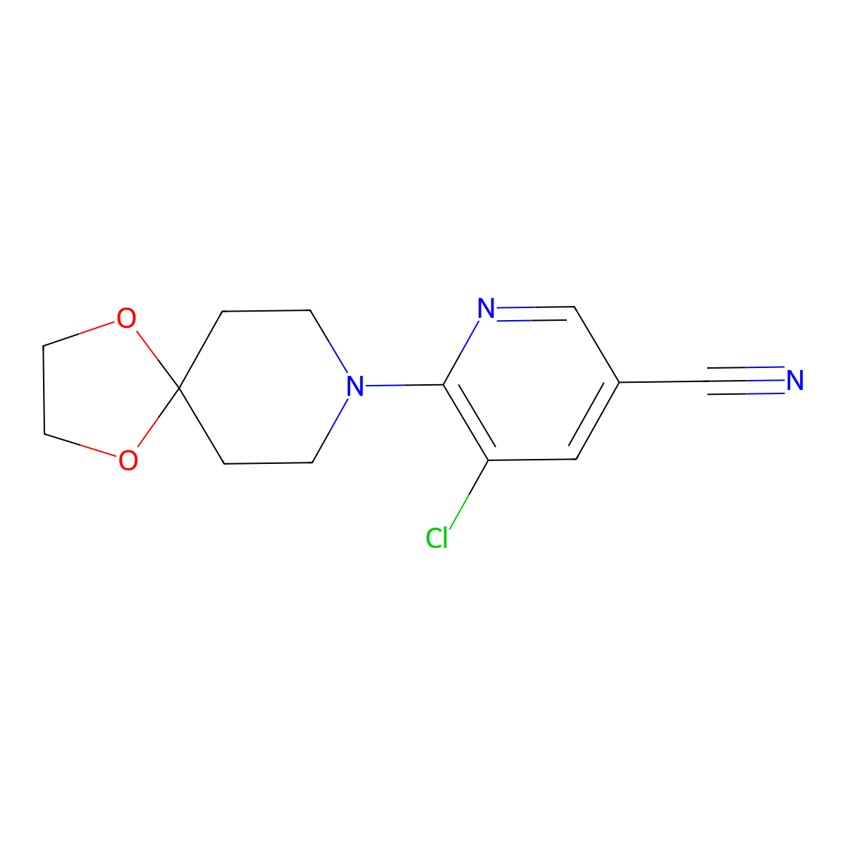 5-Chloro-6-{1,4-dioxa-8-azaspiro[4.5]decan-8-yl}pyridine-3-carbonitrile molecular structure, CAS 2640903-87-1
