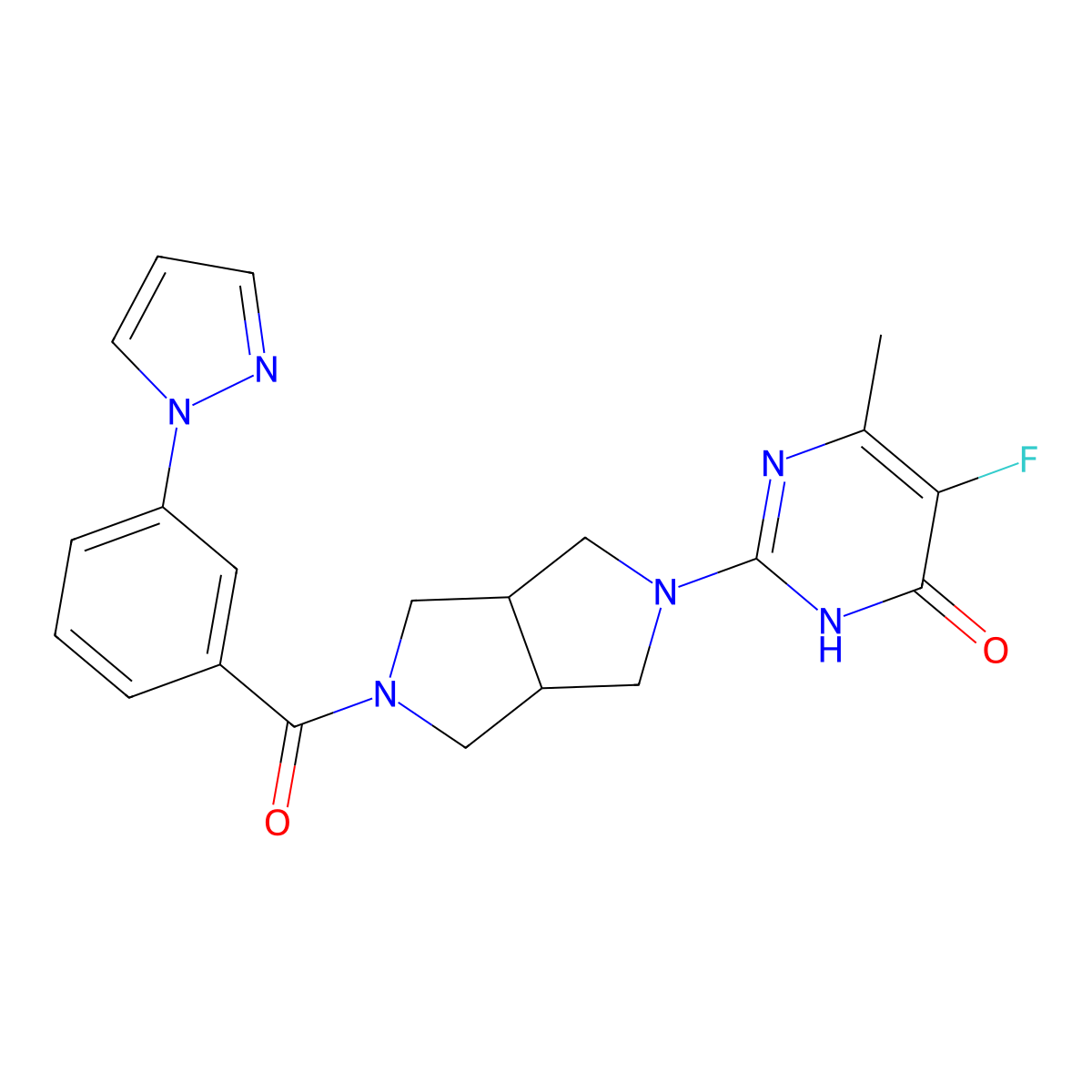 5-fluoro-6-methyl-2-{5-[3-(1H-pyrazol-1-yl)benzoyl]-octahydropyrrolo[3,4-c]pyrrol-2-yl}-3,4-dihydropyrimidin-4-one molecular structure, CAS 2640903-89-3