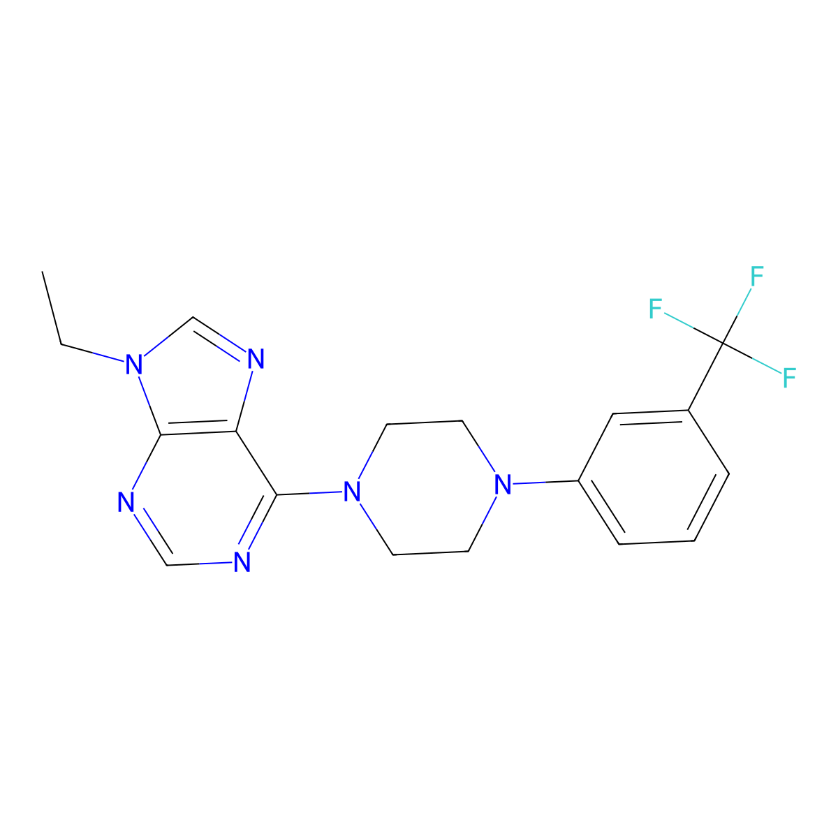 9-ethyl-6-{4-[3-(trifluoromethyl)phenyl]piperazin-1-yl}-9H-purine molecular structure, CAS 2640903-94-0