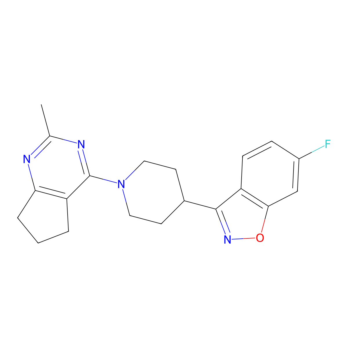 6-fluoro-3-(1-{2-methyl-5H,6H,7H-cyclopenta[d]pyrimidin-4-yl}piperidin-4-yl)-1,2-benzoxazole molecular structure, CAS 2640903-95-1