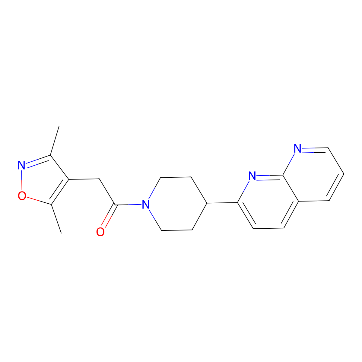 2-(3,5-Dimethyl-1,2-oxazol-4-yl)-1-[4-(1,8-naphthyridin-2-yl)piperidin-1-yl]ethan-1-one molecular structure, CAS 2640903-97-3