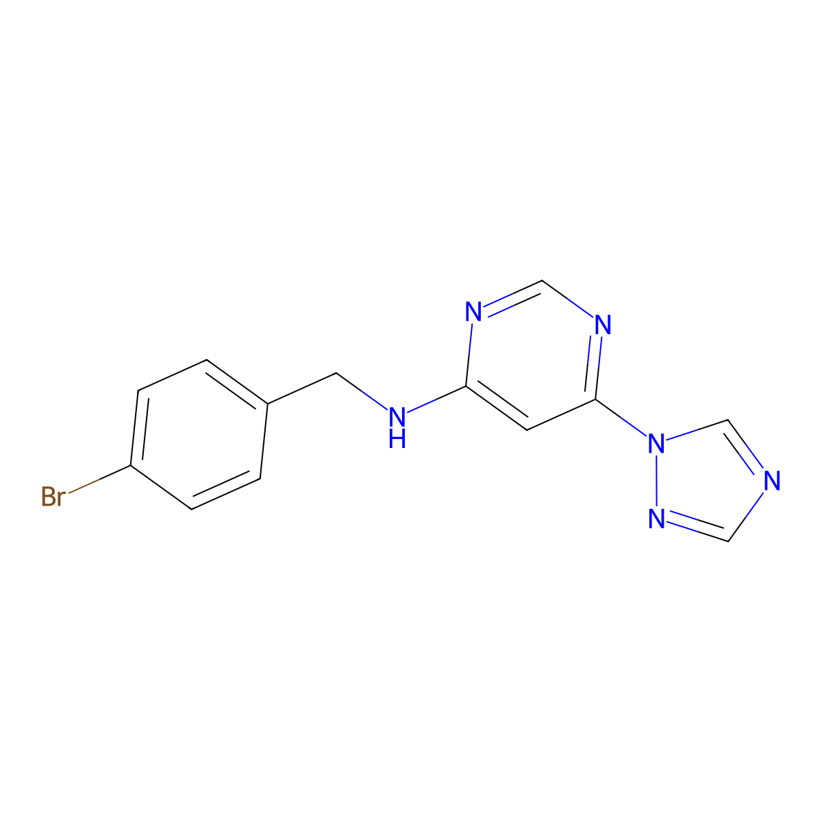 N-[(4-bromophenyl)methyl]-6-(1H-1,2,4-triazol-1-yl)pyrimidin-4-amine molecular structure, CAS 2640904-00-1