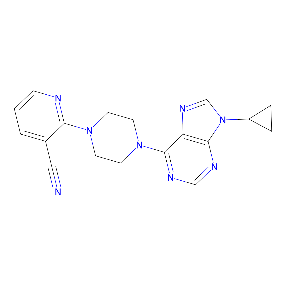 2-[4-(9-cyclopropyl-9H-purin-6-yl)piperazin-1-yl]pyridine-3-carbonitrile molecular structure, CAS 2640904-05-6