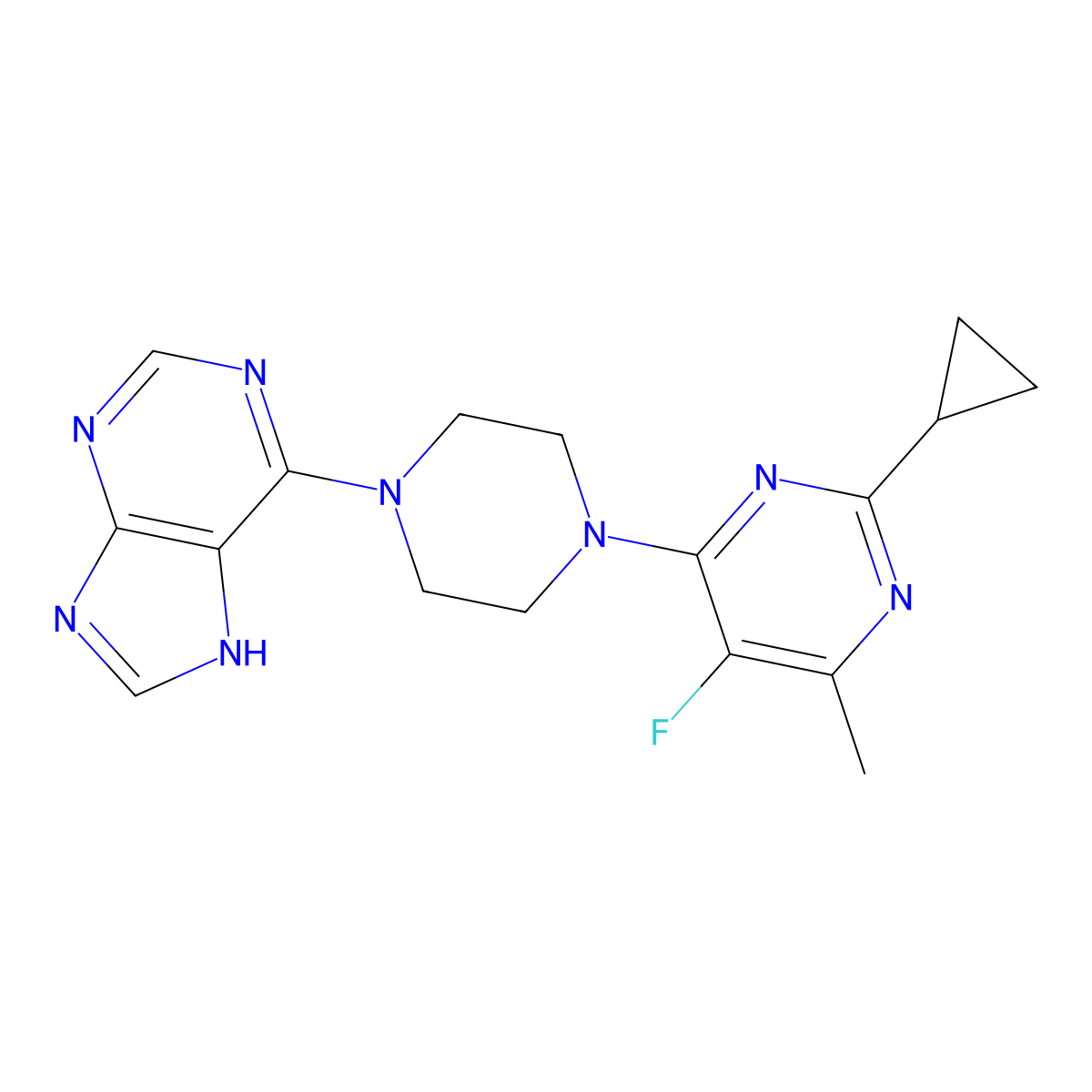 6-[4-(2-cyclopropyl-5-fluoro-6-methylpyrimidin-4-yl)piperazin-1-yl]-9H-purine molecular structure, CAS 2640904-06-7