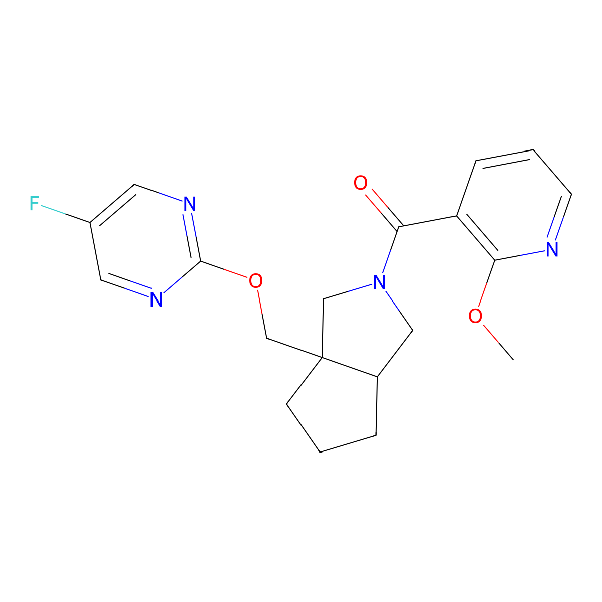 5-Fluoro-2-{[2-(2-methoxypyridine-3-carbonyl)-octahydrocyclopenta[c]pyrrol-3a-yl]methoxy}pyrimidine molecular structure, CAS 2640904-09-0