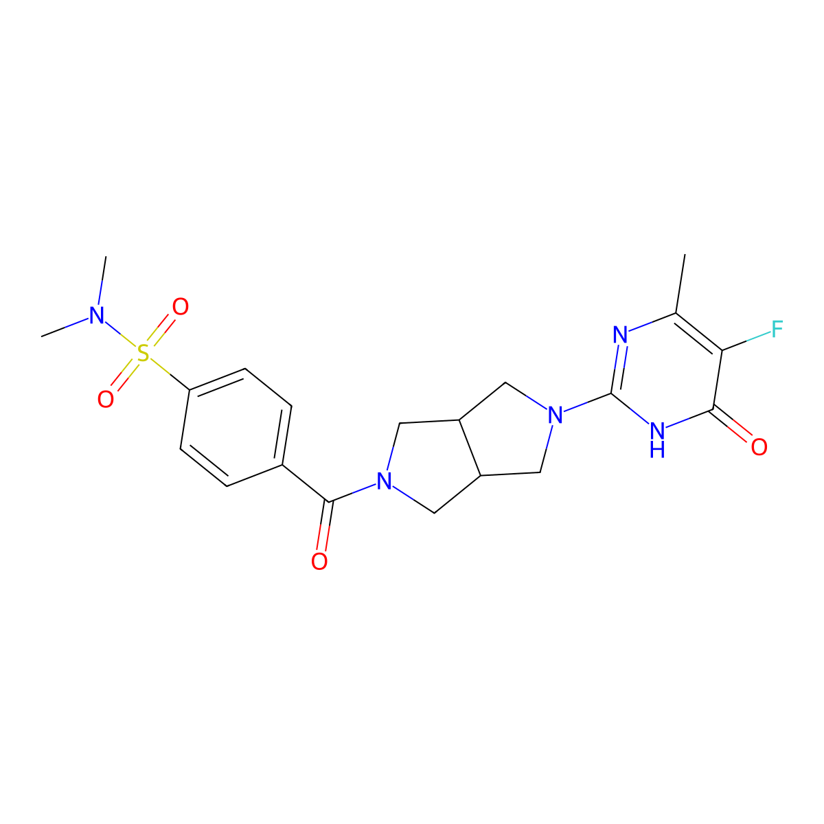 4-[5-(5-fluoro-4-methyl-6-oxo-1,6-dihydropyrimidin-2-yl)-octahydropyrrolo[3,4-c]pyrrole-2-carbonyl]-N,N-dimethylbenzene-1-sulfonamide molecular structure, CAS 2640904-10-3