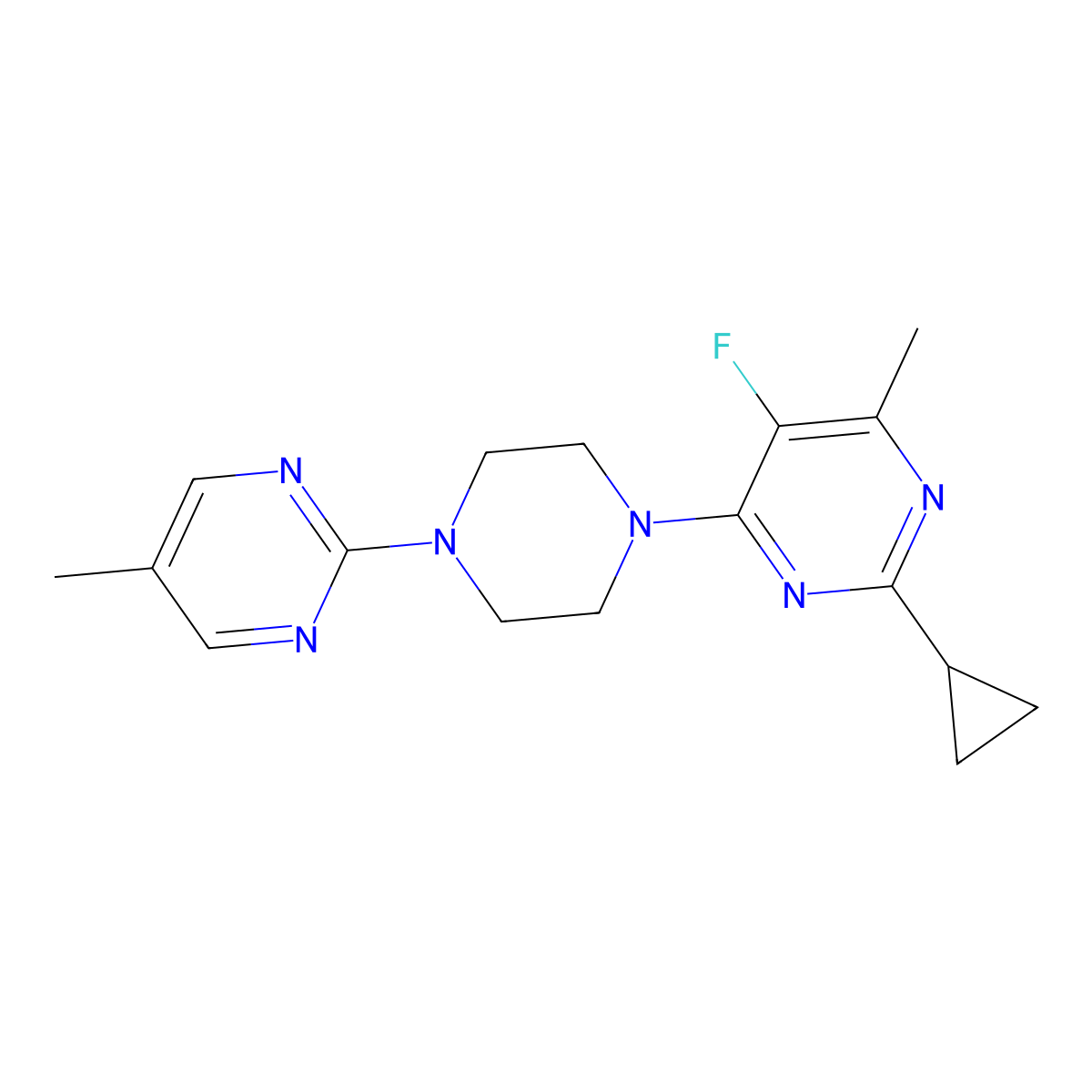 2-Cyclopropyl-5-fluoro-4-methyl-6-[4-(5-methylpyrimidin-2-yl)piperazin-1-yl]pyrimidine molecular structure, CAS 2640904-12-5