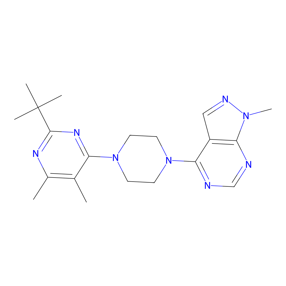 2-tert-butyl-4,5-dimethyl-6-(4-{1-methyl-1H-pyrazolo[3,4-d]pyrimidin-4-yl}piperazin-1-yl)pyrimidine molecular structure, CAS 2640934-13-8