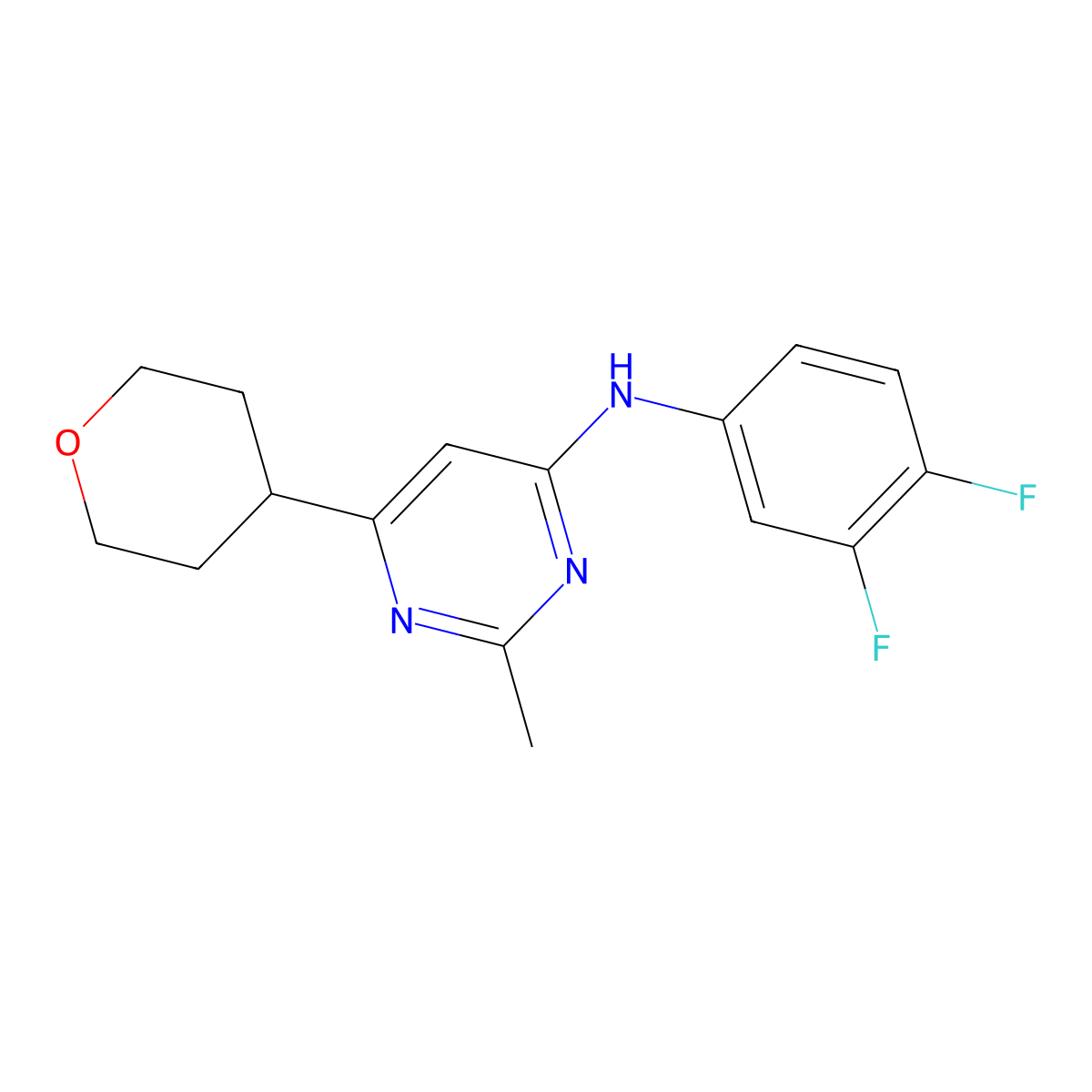 N-(3,4-difluorophenyl)-2-methyl-6-(oxan-4-yl)pyrimidin-4-amine molecular structure, CAS 2640934-15-0