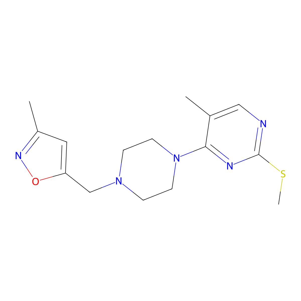 5-Methyl-4-{4-[(3-methyl-1,2-oxazol-5-yl)methyl]piperazin-1-yl}-2-(methylsulfanyl)pyrimidine molecular structure, CAS 2640934-16-1