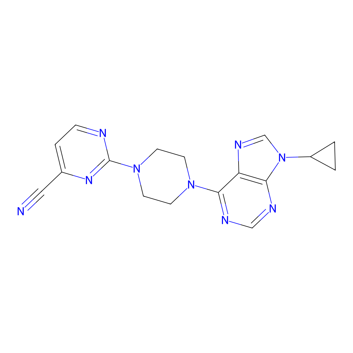 2-[4-(9-cyclopropyl-9H-purin-6-yl)piperazin-1-yl]pyrimidine-4-carbonitrile molecular structure, CAS 2640934-17-2