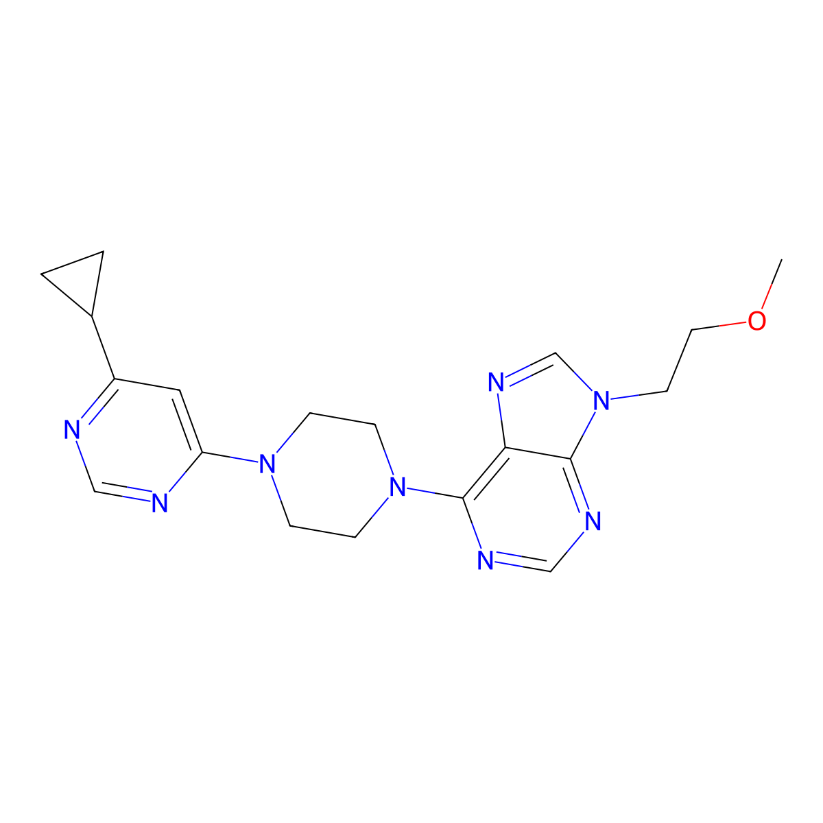 6-[4-(6-cyclopropylpyrimidin-4-yl)piperazin-1-yl]-9-(2-methoxyethyl)-9H-purine molecular structure, CAS 2640934-20-7