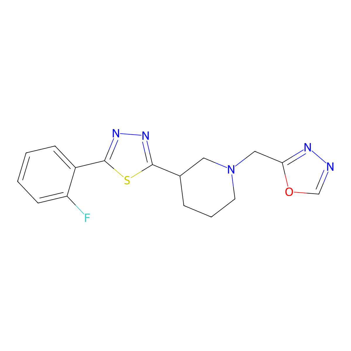 3-[5-(2-Fluorophenyl)-1,3,4-thiadiazol-2-yl]-1-[(1,3,4-oxadiazol-2-yl)methyl]piperidine molecular structure, CAS 2640934-21-8